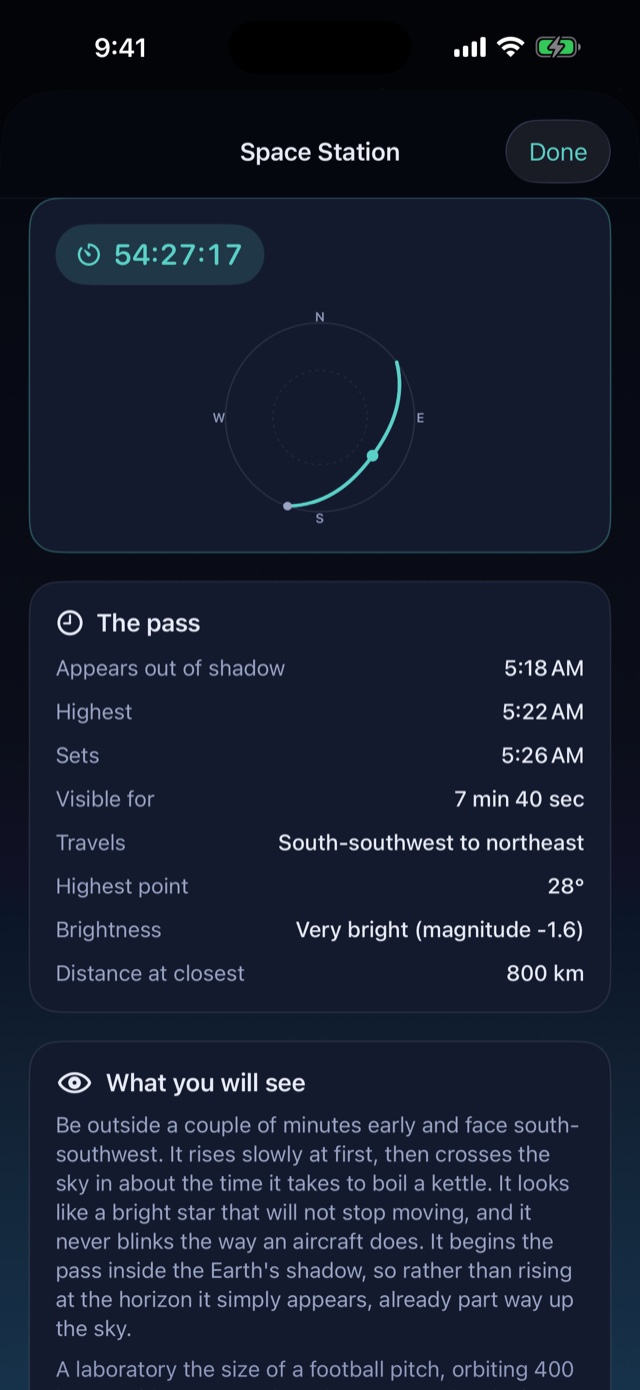 A Space Station pass drawn as an arc across the sky view, with a countdown to the pass.