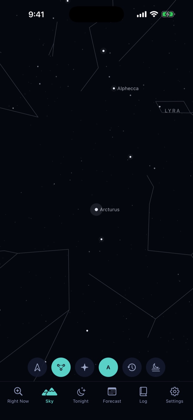 The same patch of sky as Sky Clock draws it from a city centre: only a handful of the brightest stars.