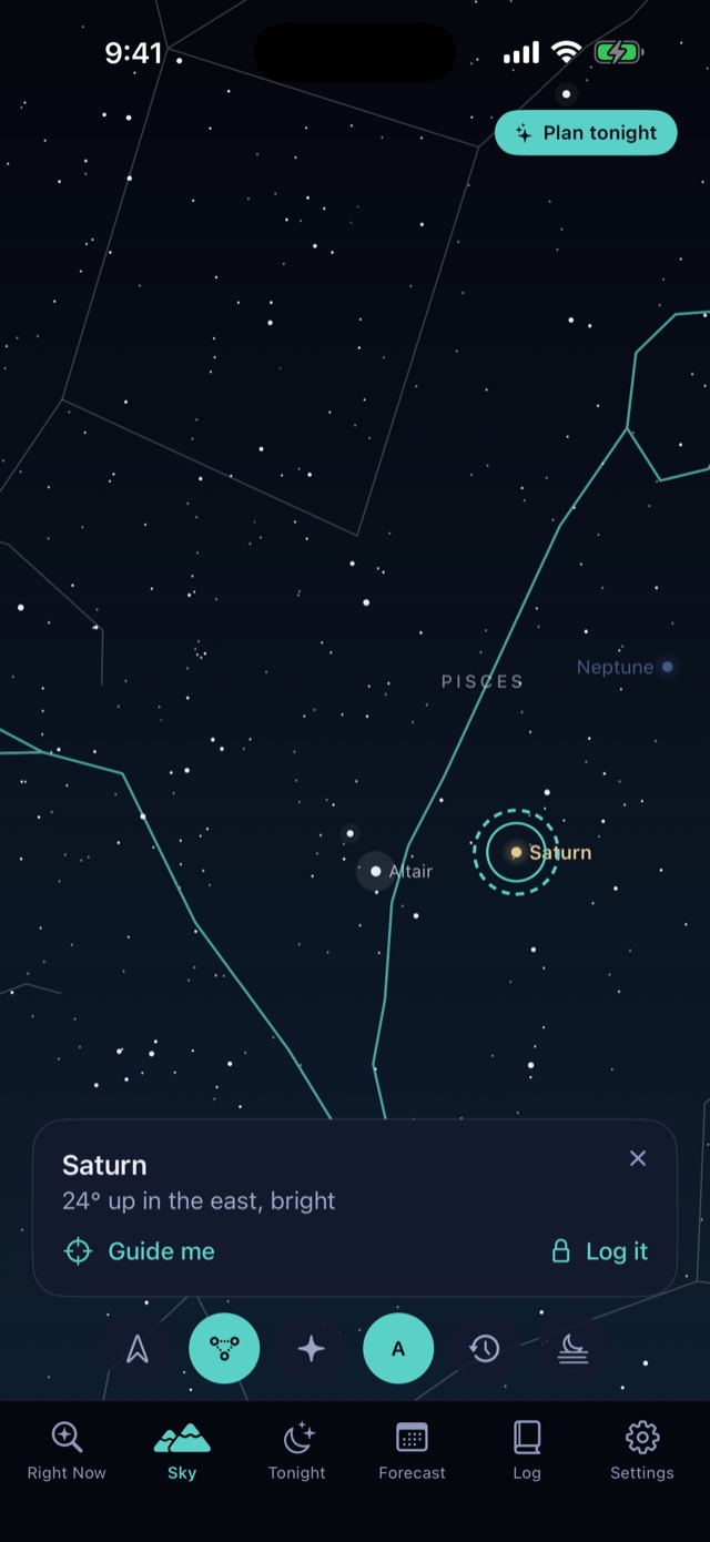 Sky Clock showing the constellation Pisces with Saturn circled and labelled 24 degrees up in the east.